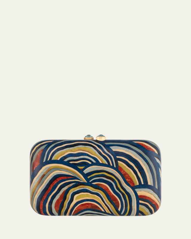 18K Yellow Gold Rectangular Marquetry Clutch with Blue Fungi Print and Sky Blue Topaz